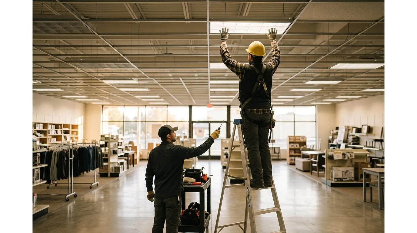 Electrician installing new fixtures during a commercial LED lighting retrofit in a Grand Junction storefront.