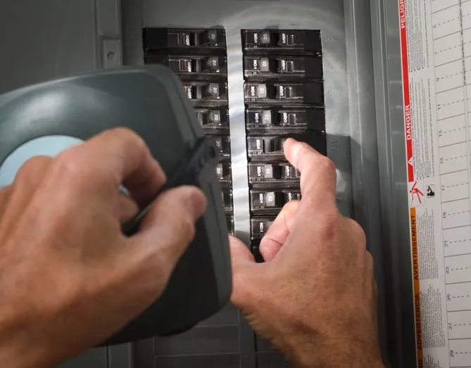 A person is working on an electrical panel with a light on it
