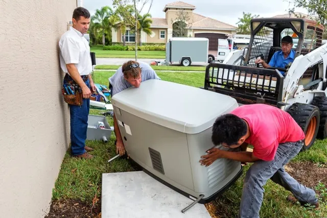 A group of men are working on a generator outside of a house