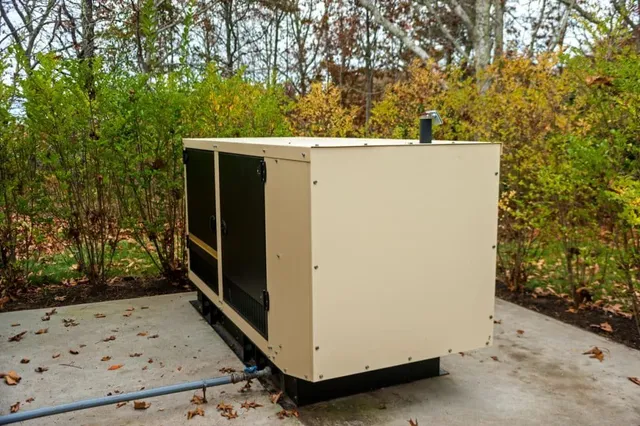 A generator is sitting on a concrete surface in the woods.