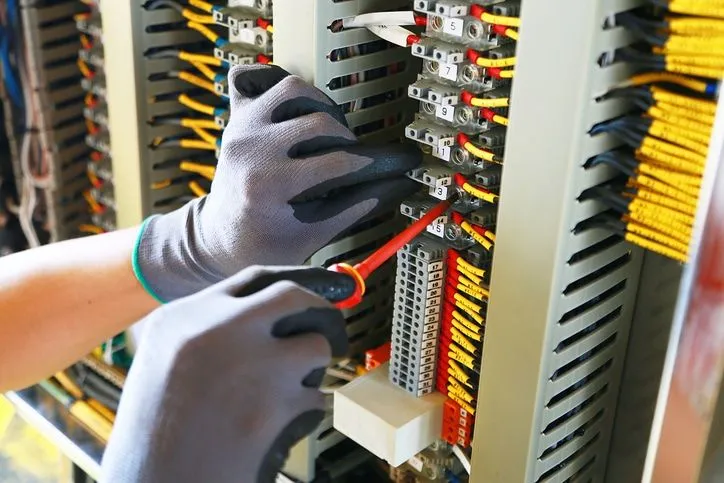 A person is working on an electrical box with a pair of pliers.