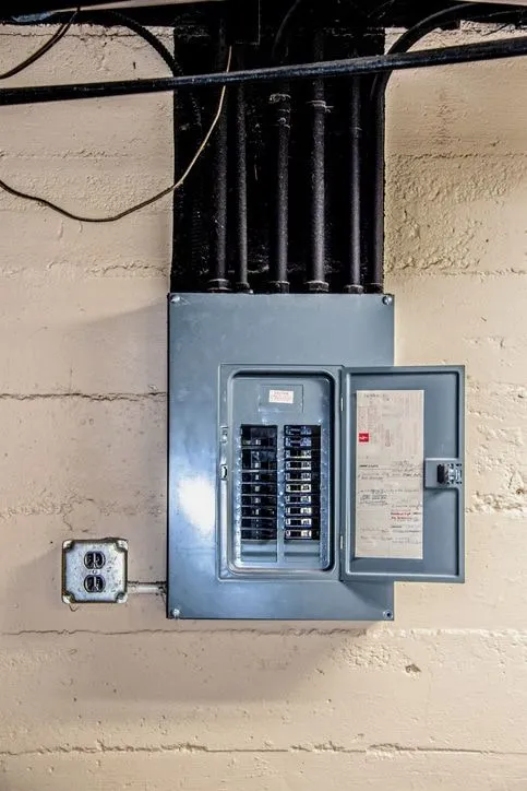 A close up of an electrical box on a wall with the door open.