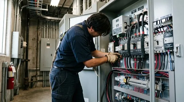 Close-up of an automatic transfer switch being installed as part of a commercial generator installation in a Grand Junction facility.