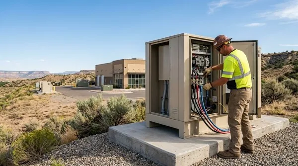 Licensed electrician completing commercial generator installation outside a Grand Junction business on a sunny September day.